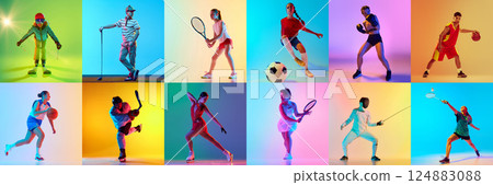 Collage. Kids and adults performing dynamic sport movements in studio with vibrant neon lights. Concept of professional sport Collage. Kids and adults performing dynamic sport movements in studio with vibrant neon lights. Concept of professional sport 124883088