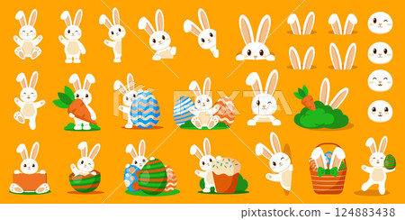 Easter Bunny Clipart and Icon Set. Cute Cartoon Rabbits, Eggs, Baskets, Carrots and Holiday Elements 124883438