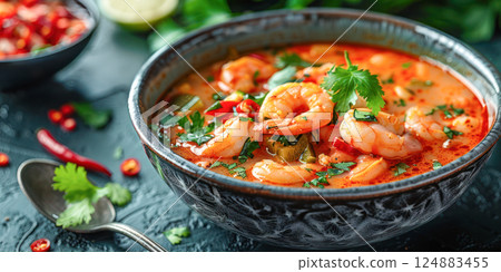 Spicy Shrimp Tom Yum Soup. A vibrant bowl of Tom Yum soup with succulent shrimp, fresh herbs, and spicy chili, served in an intricately designed bowl on a dark background. 124883455