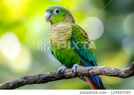 Green cheek conure perched on a natural branch showcasing vibrant feathers Green cheek conure perched on a natural branch showcasing vibrant feathers 124883595
