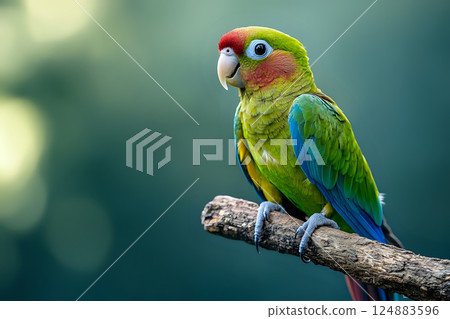Green cheek conure perched on a branch with blue flight feathers Green cheek conure perched on a branch with blue flight feathers 124883596