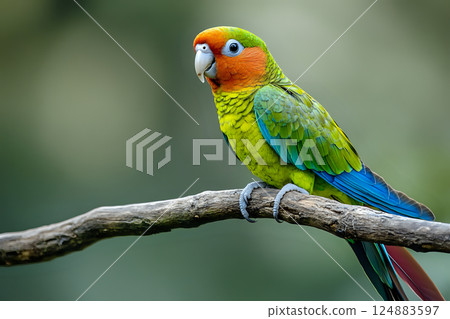 Green cheek conure perched gracefully on a natural branch Green cheek conure perched gracefully on a natural branch 124883597