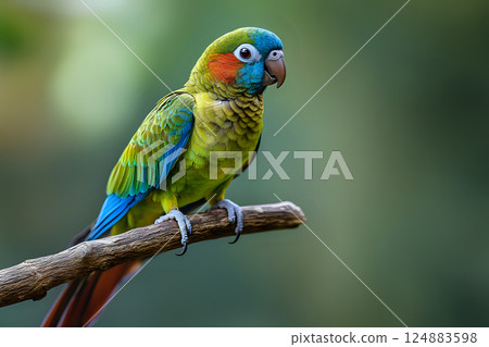 Green cheek conure with detailed feathers perched on a branch 124883598