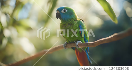 Green cheek conure displaying vivid feathers while resting on branch 124883608