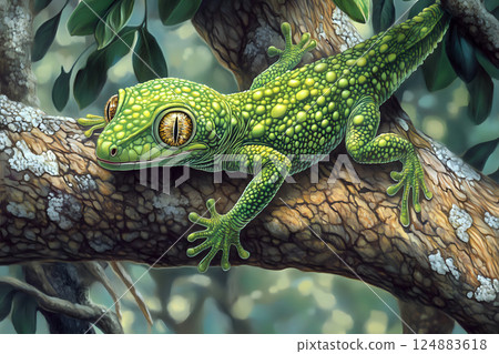 Green lizard resting on a branch with intricate textured patterns 124883618