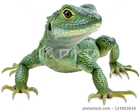 Striking green lizard with emerald tones showcasing detailed scales Striking green lizard with emerald tones showcasing detailed scales 124883639