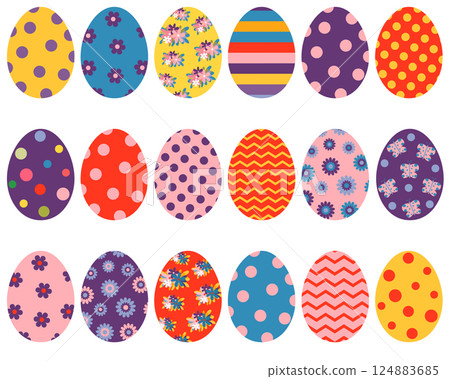 Funny cat with bunny ears in an Easter egg, cute collage illustration background with flowers 124883685