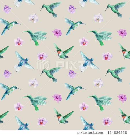 watercolor seamless pattern with hummingbirds and tropical orchids, exotic birds and purple flowers on beige background watercolor seamless pattern with hummingbirds and tropical orchids, exotic birds and purple flowers on beige background 124884238