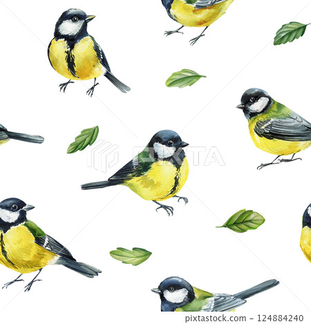 watercolor seamless pattern with great tit birds and green leaves, wild garden birds illustration, cute yellow birds watercolor seamless pattern with great tit birds and green leaves, wild garden birds illustration, cute yellow birds 124884240
