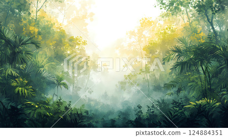 Dense forest enveloped in mist with golden sunlight filtering through 124884351