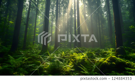 Towering trees surrounded by soft mist and vibrant green ferns 124884353