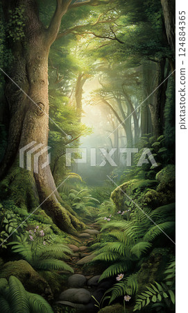 Serene pathway through ancient trees with vibrant ferns background wallpapers nature 124884365