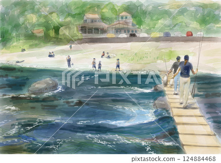 Summer: clear riverbed and people fishing in the stream 124884468