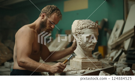 Sculptor Carefully Chiseling Fine Details Into Nearly Complete Marble Statue in Workshop 124884525