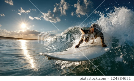 Cat surfing on ocean wave at sunset with splashing water, vacation and sport concept 124884631