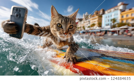 Playful cat surfing on surfboard takes a fun selfie at the beach with waves, concept of sport and vacation 124884635