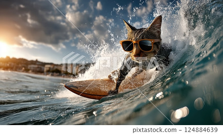 Surfing cat wearing sunglasses rides sea wave at sunset in fun and playful adventure scene 124884639