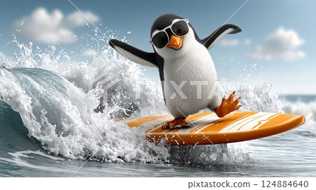 Funny penguin surfing ocean waves on vibrant surfboard with sunglasses 124884640