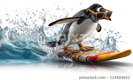 Penguin wearing sunglasses surfing on colorful board amid splashes of ocean water 124884642