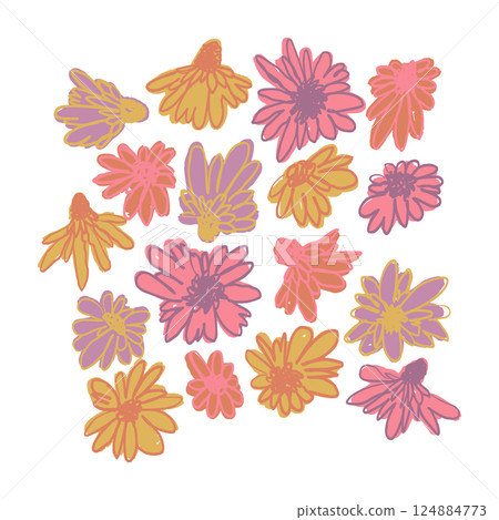 Hand drawn black ink abstract wild flowers composition print isolated on white background 124884773