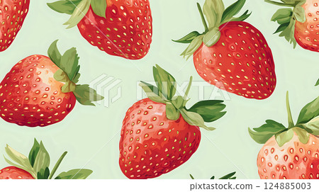 Seamless pattern of ripe strawberries and green leaves on pistachio background 124885003