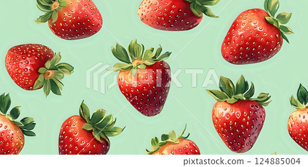 Seamless pattern of ripe strawberries with subtle green leaves 124885004