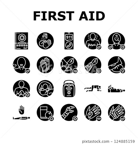first aid providing cpr bandage icons set vector 124885159