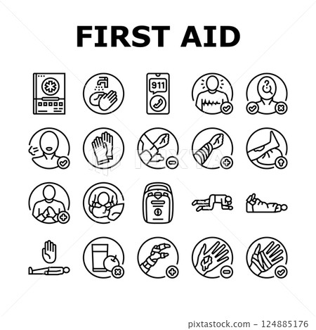 first aid providing cpr bandage icons set vector 124885176