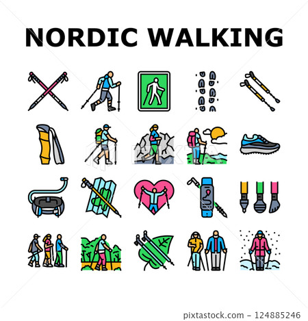 nordic walking exercise outdoor icons set vector nordic walking exercise outdoor icons set vector 124885246