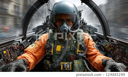 Pilot in high-speed jet cockpit wearing helmet and orange flight suit in action-packed city scene Pilot in high-speed jet cockpit wearing helmet and orange flight suit in action-packed city scene 124885299