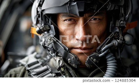 Close-up of focused asian male pilot in helmet and flight gear inside aircraft cockpit 124885304