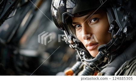 Determined female pilot in fighter jet cockpit wearing helmet and flight suit 124885305