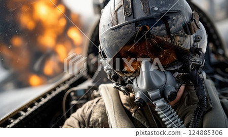 Fighter jet pilot in cockpit during explosive mission with helmet and visor reflection in intense battle scene 124885306