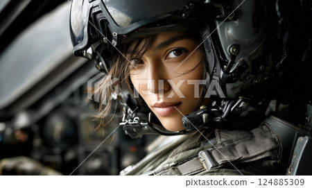 Woman fighter pilot in helmet cockpit close-up showing determination, military concept 124885309