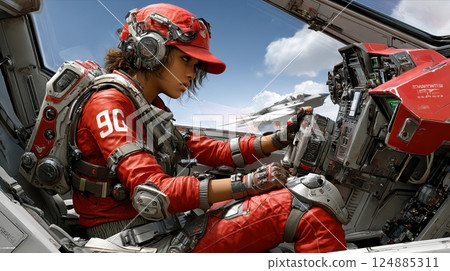 Woman pilot in advanced sci-fi spaceship cockpit featuring futuristic controls and red flight gear 124885311