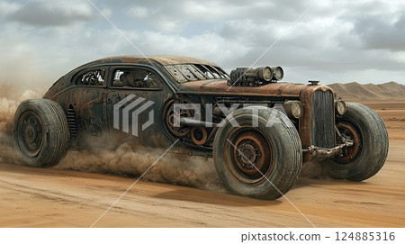 Vintage armored hot rod racing in desert with dust trails and dramatic clouds Vintage armored hot rod racing in desert with dust trails and dramatic clouds 124885316