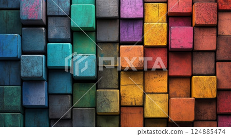 Colorful wooden blocks arranged in a vibrant pattern highlighting their texture and hues 124885474