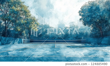 Beautiful tennis court surrounded by trees in a serene environment Beautiful tennis court surrounded by trees in a serene environment 124885490