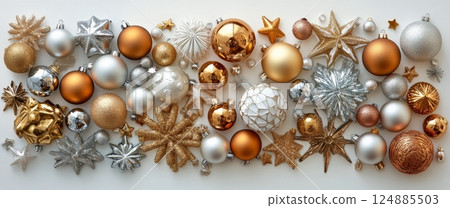 Festive holiday decorations with gold and silver ornaments on white background 124885503
