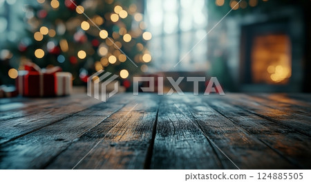 Christmas setting with decorated trees, golden gift, and cozy fireplace glow 124885505