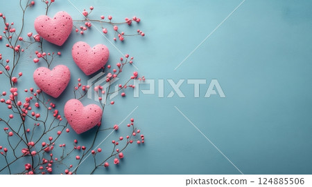 Colorful pink hearts and branches arranged creatively on a blue background 124885506