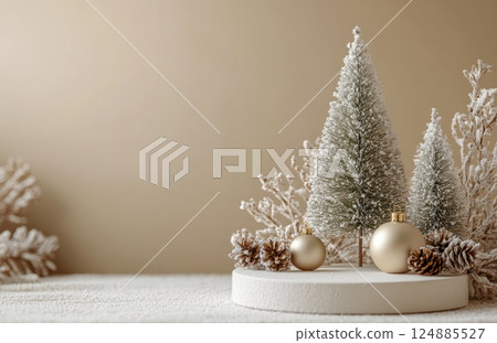 Festive winter scene with decorated tree and ornaments on neutral background 124885527