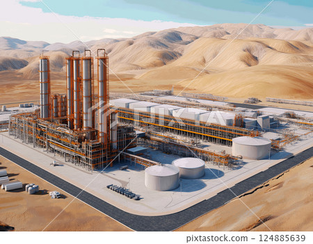 Large industrial refinery with tall metal structures and storage tanks Large industrial refinery with tall metal structures and storage tanks 124885639