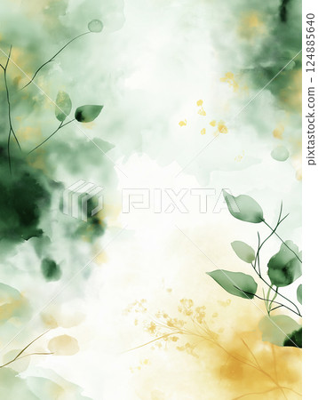 Elegant watercolor-style botanical background with soft green and golden hues 124885640