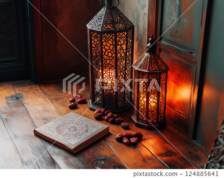 Elegant lanterns with intricate patterns glowing warmly on a wooden floor Elegant lanterns with intricate patterns glowing warmly on a wooden floor 124885641