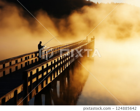 Silhouette of fisherman on wooden pier surrounded by golden mist Silhouette of fisherman on wooden pier surrounded by golden mist 124885642