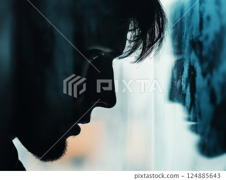 Closeup of mans face staring at his reflection Closeup of mans face staring at his reflection 124885643