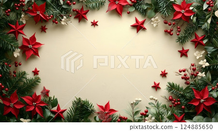 Festive holiday arrangement with red stars and flowers on a neutral background Festive holiday arrangement with red stars and flowers on a neutral background 124885650