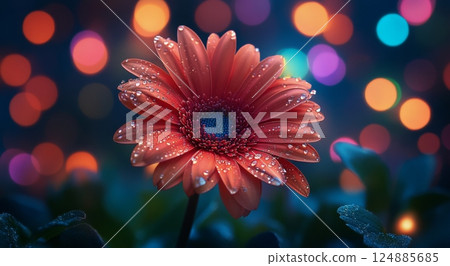 Vibrant red flower with water droplets in a colorful bokeh background at night 124885685