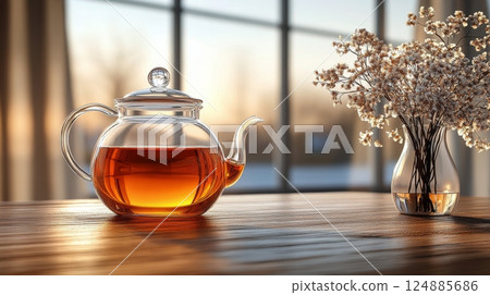 Relaxing afternoon tea setup with a glass teapot and flowers in a cozy setting Relaxing afternoon tea setup with a glass teapot and flowers in a cozy setting 124885686